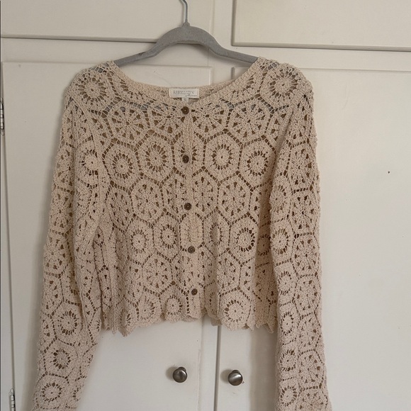 Rebellion Sweaters - Rebellion Cropped Cream Crochet Cardigan